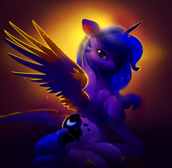 Size: 1595x1563 | Tagged: safe, artist:itssim, princess luna, alicorn, pony, g4, chest fluff, cute, female, looking at you, lunabetes, mare, raised hoof, sitting, smiling, smiling at you, solo, spread wings, wings