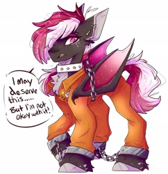 Size: 1983x2048 | Tagged: safe, artist:heart-sketch, oc, oc only, oc:rossalita, bat pony, pony, bat pony oc, bound wings, chained, clothes, collar, cuffs, prison outfit, prisoner, shackles, solo, text, wings