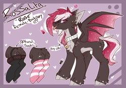 Size: 2436x1713 | Tagged: safe, artist:heart-sketch, oc, oc only, oc:rossalita, bat pony, pony, bat pony oc, bell, bell collar, butt, clothes, collar, female, plot, reference sheet, socks, solo, striped socks, tongue out
