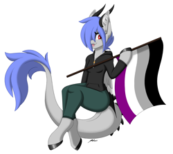 Size: 2182x1938 | Tagged: safe, artist:melodytheartpony, oc, oc only, oc:melody silver, dracony, dragon, hybrid, anthro, asexual, asexual artist, asexual pride flag, barbs, beautiful, clothes, cute, fangs, female, happy, horns, looking at you, pants, pride, pride flag, pride month, signature, simple background, slit pupils, smiling, solo, sweater, white background
