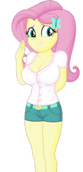 Size: 1165x2385 | Tagged: safe, artist:ah96, edit, editor:ah96, fluttershy, human, equestria girls, g4, arm behind back, big breasts, breast edit, breasts, busty fluttershy, cleavage, female, grin, looking at you, ms paint, shading, shy, shy smile, simple background, smiling, smiling at you, solo, transparent background