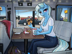Size: 3308x2480 | Tagged: safe, artist:apocheck13, trixie, unicorn, anthro, g4, breasts, burger, car, cleavage, clothes, denim, drink, drinking straw, eating, female, food, french fries, high res, jeans, looking at you, meat, pants, parking lot, ponies eating meat, question mark, rv, shirt, short shirt, solo, truck, van, vixen 21, vixen 21 motorhome