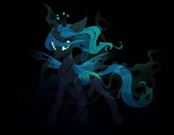 Size: 3000x2330 | Tagged: safe, artist:belka-sempai, queen chrysalis, changeling, changeling queen, g4, black background, crown, female, high res, insect wings, jewelry, looking at you, regalia, shadow, simple background, solo, spread wings, wings