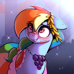 Size: 2416x2420 | Tagged: safe, artist:welost, derpibooru exclusive, rainbow dash, pegasus, pony, g4, bandaid, bandaid on nose, clothes, cute, dashabetes, dress, female, gala dress, grin, high res, mare, smiling, solo