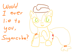 Size: 1200x900 | Tagged: safe, artist:purblehoers, applejack, earth pony, pony, g4, applejack's hat, cowboy hat, female, green eyes, hat, honesty, looking at you, mare, ms paint, raised hoof, simple background, sitting, solo, talking to viewer, text, white background