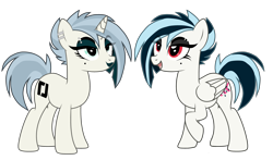 Size: 5305x3116 | Tagged: safe, artist:cross fader, oc, oc only, oc:asty, oc:ika, pegasus, pony, unicorn, beauty mark, clothes, cutie mark, ear piercing, eyebrow piercing, eyeshadow, horn, lipstick, makeup, piercing, punk, reference sheet, short mane, simple background, socks, tomboy, transparent background, vector, watermark, wings