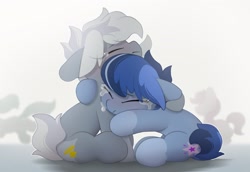 Size: 3035x2089 | Tagged: safe, artist:mochi_nation, oc, oc only, oc:galaxy, oc:silver bolt, earth pony, pony, crying, duo focus, female, floppy ears, frown, high res, hug, mare, wavy mouth