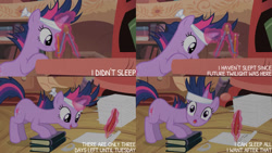 Size: 1280x720 | Tagged: safe, edit, edited screencap, editor:quoterific, screencap, twilight sparkle, pony, unicorn, g4, it's about time, season 2, :o, book, female, golden oaks library, magic, mare, open mouth, open smile, pencil, smiling, solo, telekinesis, text, unicorn twilight