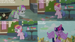 Size: 1280x720 | Tagged: safe, edit, edited screencap, editor:quoterific, screencap, coconut cream, toola roola, twilight sparkle, alicorn, earth pony, pony, fame and misfortune, g4, season 7, eyes closed, female, filly, foal, food, hooves to the chest, ice cream, magic, mare, open mouth, spread wings, telekinesis, text, trio, twilight sparkle (alicorn), wings