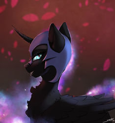 Size: 3000x3200 | Tagged: safe, artist:skitsroom, nightmare moon, alicorn, pony, g4, abstract background, fangs, female, fluffy, grin, helmet, high res, horn, looking at you, looking back, looking back at you, mare, signature, slit pupils, smiling, smiling at you, solo, wings