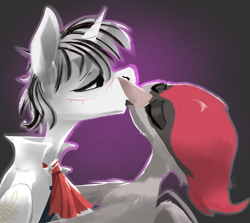 Size: 4000x3567 | Tagged: safe, artist:fiyawerks, oc, oc:chel silktail, oc:yiazmat, griffon, pony, unicorn, couple, female, griffon oc, horn, kissing, male, ship:yiaztail, shipping, unicorn oc