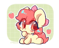 Size: 915x750 | Tagged: safe, artist:oofycolorful, apple bloom, earth pony, pony, g4, adorabloom, apple, blushing, chibi, cute, female, filly, foal, food, hoof over mouth, looking sideways, sitting, solo