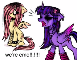 Size: 2048x1593 | Tagged: safe, artist:izzzyzzz, fluttershy, twilight sparkle, alicorn, pegasus, pony, g4, choker, clothes, colored wings, colored wingtips, crucifix, dialogue, duo, ear piercing, earring, emo, emo twilight, emoshy, eye clipping through hair, eyeshadow, female, fishnet clothing, floppy ears, hair accessory, hair over one eye, jewelry, makeup, piercing, rosary, running makeup, simple background, skull and crossbones, socks, text, twilight sparkle (alicorn), we're emo, white background, wings, wristband