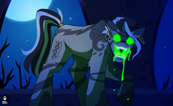 Size: 1403x862 | Tagged: source needed, safe, artist:redxbacon, oc, oc only, oc:helix, pony, zebra, acid, commission, creepy, ear piercing, earring, fangs, glowing, glowing eyes, jewelry, monster, piercing, ring, solo, tail, tail ring