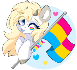 Size: 1024x938 | Tagged: safe, artist:cinnamontee, oc, oc only, oc:tegan, pegasus, pony, female, horns, mare, one eye closed, pansexual pride flag, pride, pride flag, simple background, solo, tongue out, transparent background, wink