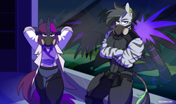 Size: 2083x1233 | Tagged: source needed, safe, artist:redxbacon, oc, oc only, oc:asphyxia, unicorn, zebra, anthro, armor, black vine, clothes, commission, crossed arms, duo, gas mask, horn, lab coat, laboratory, mask, respirator, unicorn oc, zebra oc