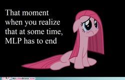 Size: 500x317 | Tagged: safe, pinkie pie, earth pony, pony, g4, artifact, black background, end of ponies, female, frown, hilarious in hindsight, it happened, mare, my little brony, op is a slowpoke, pinkamena diane pie, sad, simple background, slowpoke, solo, text, watermark