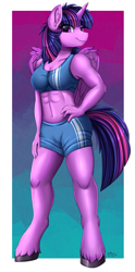 Size: 1653x3330 | Tagged: safe, artist:pridark, twilight sparkle, alicorn, anthro, unguligrade anthro, g4, abs, biceps, breasts, clothes, female, hand on hip, hooves, muscles, muscular female, short hair, shorts, smiling, solo, sports bra, sports shorts, top, twilight muscle, twilight sparkle (alicorn)
