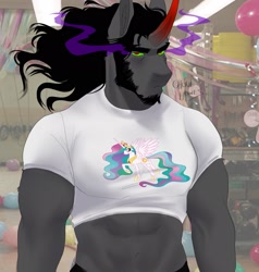 Size: 1952x2048 | Tagged: dead source, safe, artist:ghoulhowls, king sombra, princess celestia, unicorn, anthro, g4, abs, beard, clothes, facial hair, ill-fitting clothes, john cena, king sombara, looking at you, male, muscles, muscular male, playing with fire, shirt, signature, small clothes, solo, sombra eyes, tight clothing, unamused