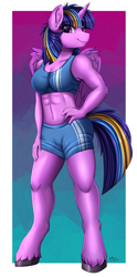 Size: 1653x3330 | Tagged: safe, alternate version, artist:pridark, twilight sparkle, alicorn, anthro, unguligrade anthro, g4, abs, alternate universe, biceps, breasts, clothes, female, multicolored mane, muscles, muscular female, shorts, smiling, solo, sports bra, sports shorts, twilight muscle, twilight sparkle (alicorn)