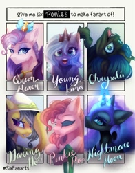 Size: 1568x2000 | Tagged: safe, artist:muna, daring do, nightmare moon, pinkie pie, princess luna, queen chrysalis, queen haven, alicorn, changeling, changeling queen, earth pony, pegasus, pony, g4, g5, ethereal mane, female, helmet, hoof shoes, jewelry, mare, open mouth, regalia, s1 luna, safari hat, sharp teeth, six fanarts, teeth, tongue out, uvula, younger