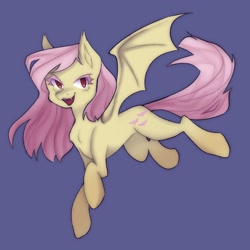 Size: 2048x2048 | Tagged: safe, artist:twilightsparkee, fluttershy, bat pony, pony, g4, alternate cutie mark, aside glance, bat ponified, bat wings, fangs, female, flutterbat, high res, looking at you, mare, open mouth, open smile, race swap, red eyes, simple background, smiling, solo, spread wings, wings