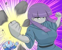 Size: 1488x1195 | Tagged: safe, artist:batipin, maud pie, trixie, human, equestria girls, g4, breasts, busty maud pie, duo, female, open mouth, punch, rock, solo focus