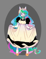 Size: 1163x1500 | Tagged: safe, artist:stevetwisp, princess celestia, alicorn, anthro, g4, abstract background, brooch, clothes, curtsey, ethereal mane, female, gloves, jewelry, maid, maid headdress, shoes, solo