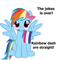 Size: 1093x1133 | Tagged: safe, rainbow dash, pegasus, pony, g4, background pony strikes again, blushing, bow, bowtie, cute, dashabetes, engrish, flag, grammar error, op is a duck, op is trying to start shit, op is trying to start shit so badly that it's kinda funny, pride, pride flag, pride month, rainbow dash always dresses in style, simple background, solo, spread wings, straight, straight pride flag, wat, white background, why, wings, wtf