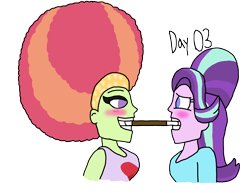 Size: 2000x1542 | Tagged: safe, artist:ktd1993, starlight glimmer, tree hugger, human, equestria girls, g4, 3, afro, blushing, duo, female, lesbian, pride month, shipping, simple background, starhugger, transparent background