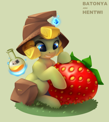 Size: 2860x3212 | Tagged: safe, artist:batonya12561, artist:hentwi, oc, oc only, oc:goldy flask, earth pony, pony, flask, food, hat, high res, potion, solo, strawberry