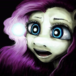 Size: 4096x4096 | Tagged: safe, artist:misstwipietwins, fluttershy, pegasus, pony, g4, absurd resolution, black background, bust, dark, female, glowing, looking at something, mare, nightmare fuel, open mouth, orb, portrait, simple background, solo, uncanny valley