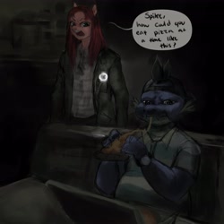 Size: 4096x4096 | Tagged: safe, artist:misstwipietwins, pinkie pie, spike, dragon, earth pony, anthro, g4, clothes, crossover, dialogue, duo, female, jacket, male, night, older, older spike, pinkamena diane pie, polo shirt, silent hill, silent hill 2, sitting, text, watch