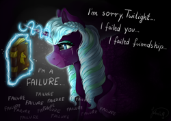 Size: 4093x2894 | Tagged: safe, artist:julunis14, opaline arcana, alicorn, pony, g5, my little pony: make your mark, spoiler:g5, spoiler:my little pony: make your mark, book, book of harmony, braid, chest fluff, crying, ear fluff, eyeshadow, failure, female, magic, makeup, mare, markings, solo