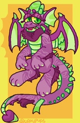 Size: 395x606 | Tagged: safe, artist:uppypups, spike, dragon, g4, abstract background, alternate design, fur, male, older, older spike, solo, tongue out, winged spike, wings