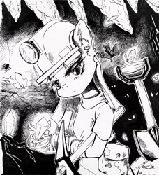 Size: 3456x3792 | Tagged: safe, artist:ph平和, maud pie, bat, earth pony, grottoling, original species, pony, spider, g4, bag, bangs, bipedal, black and white, black and white cartoon, boots, cave, crystal, grayscale, helmet, high res, lonely, miner, monochrome, pickaxe, saddle bag, shoes, shovel, solo, spade