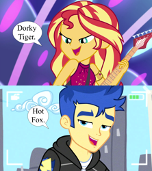 Size: 1920x2160 | Tagged: safe, edit, edited screencap, screencap, flash sentry, sunset shimmer, human, best trends forever, equestria girls, equestria girls specials, g4, my little pony equestria girls: better together, my little pony equestria girls: spring breakdown, bedroom eyes, camera, electric guitar, female, guitar, male, musical instrument, nickname, ship:flashimmer, shipping, shipping domino, speech bubble, straight