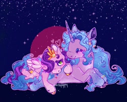 Size: 1910x1536 | Tagged: safe, artist:mortepuppy, izzy moonbow, pipp petals, pegasus, pony, unicorn, g5, abstract background, bracelet, cuddling, curved horn, duo, duo female, female, hair accessory, heart, hoof shoes, horn, jewelry, lesbian, looking at each other, looking at someone, lying down, lying on top of someone, prone, ship:moonpetals, shipping, sparkles, tongue out
