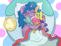 Size: 2252x1724 | Tagged: safe, artist:doodledonutart, izzy moonbow, pony, unicorn, g5, abstract background, bed, blanket, button eyes, cuddling, cute, daaaaaaaaaaaw, doodledonutart is trying to murder us, female, fluffy, heart, heart pillow, izzybetes, mare, pillow, plushie, sleeping, smiling, solo, toy, weapons-grade cute