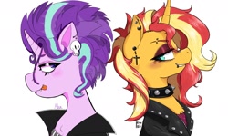 Size: 1800x1080 | Tagged: safe, artist:dsstoner, artist:hrukii, starlight glimmer, sunset shimmer, pony, unicorn, g4, choker, clothes, crucifix, curved horn, duo, duo female, ear piercing, earring, edgelight glimmer, emo, eyebrow piercing, female, horn, jacket, jewelry, leather jacket, lip piercing, mare, piercing, skull, snake bites, spiked choker, teenage glimmer, tongue out