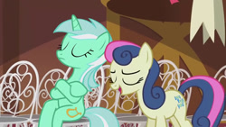 Size: 1280x720 | Tagged: safe, screencap, bon bon, lyra heartstrings, sweetie drops, earth pony, pony, unicorn, g4, season 5, slice of life (episode), crossed hooves, crossed legs, duo, duo female, eyes closed, female, mare, open mouth, sitting, sitting lyra, unamused