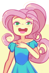 Size: 1020x1530 | Tagged: safe, artist:drantyno, fluttershy, human, equestria girls, g4, blushing, clothes, cute, dress, hand on chest, open mouth, simple background, smiling, solo, teeth, volumetric mouth, younger