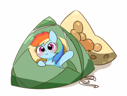 Size: 3500x2665 | Tagged: safe, artist:leo19969525, rainbow dash, pony, g4, blushing, cute, dashabetes, dragon boat festival, hair, high res, looking at you, multicolored hair, rainbow hair, rice dumplings, simple background, smiling, smiling at you, solo, white background