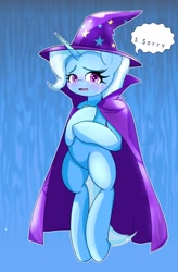 Size: 1342x2048 | Tagged: safe, artist:zeon_starlight, trixie, pony, unicorn, g4, bipedal, blue background, cape, clothes, crying, cute, female, hat, horn, looking at you, mare, simple background, solo, sorry, speech bubble, teary eyes, trixie's cape, trixie's hat