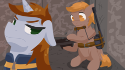 Size: 1920x1080 | Tagged: safe, artist:toshimatsu, oc, oc only, oc:calamity, oc:littlepip, pegasus, pony, unicorn, fallout equestria, battle saddle, bottlecap, clothes, disappointed, fanfic, fanfic art, female, female oc, glare, gun, hat, hooves, horn, jumpsuit, looking down, male, mare, pegasus oc, sitting, smiling, stable 24, stallion, unamused, unicorn oc, vault suit, weapon, wings