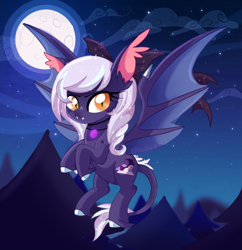 Size: 2978x3071 | Tagged: safe, artist:spookyle, oc, oc:spectra shine, bat pony, dracony, dragon, hybrid, bat pony oc, bow, fangs, female, flying, high res, mare, moon, moonlight, night, solo