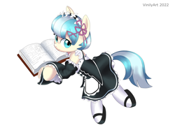 Size: 3168x2480 | Tagged: safe, artist:vinilyart, coco pommel, earth pony, pony, g4, book, clothes, cosplay, costume, high res, maid, re:zero, rem, simple background, solo, white background