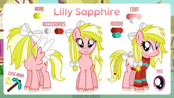 Size: 1191x671 | Tagged: safe, artist:jennieoo, oc, oc only, oc:lily sapphire, pegasus, pony, bow, braid, braided tail, clothes, colored wings, female, freckles, front view, hair bow, hoodie, hooves, mare, pegasus oc, reference sheet, show accurate, smiling, solo, spread wings, standing, tail, tail bow, three quarter view, two toned mane, two toned tail, unshorn fetlocks, wings