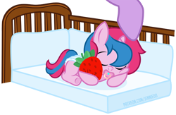 Size: 1100x719 | Tagged: safe, artist:jennieoo, twilight sparkle, oc, oc:star sparkle, pony, unicorn, g4, baby, baby pony, crib, cuddling, cute, diaper, female, filly, foal, food, pacifier, patreon gift, plushie, show accurate, simple background, sleeping, strawberry, transparent background, vector