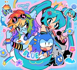 Size: 2048x1862 | Tagged: safe, artist:bland__boy, rainbow dash, hedgehog, human, pegasus, anthro, g4, anime, blue background, clothes, confused, crossover, female, glasses, goggles, hatsune miku, male, mare, simple background, sonic the hedgehog, sonic the hedgehog (series), surprised, vocaloid